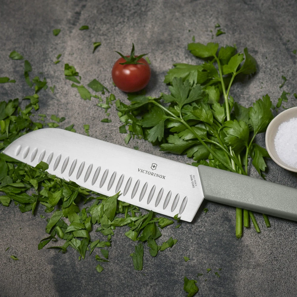 Swiss Modern Colors 7.5" Granton Edge Santoku Knife In Olive Green By Victorinox 8 Swiss Modern Colors 7.5" Granton Edge Santoku Knife In Olive Green By Victorinox - Image 6