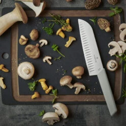 Swiss Modern Colors 7.5" Granton Edge Santoku Knife In Olive Green By Victorinox 15 Swiss Modern Colors 7.5" Granton Edge Santoku Knife In Olive Green By Victorinox -Multifunctional Tool Store VF6905617K6B Swiss Modern Colors Santoku with Mushrooms